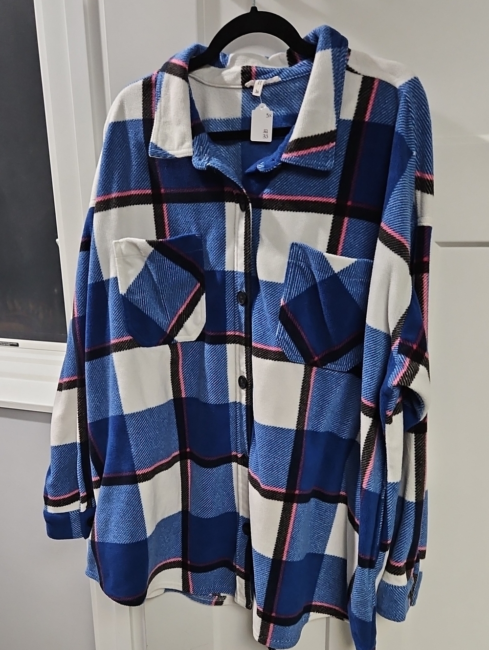 Maurices Blue White Plaid Button-Down Shirt Jacket with Pink Accents